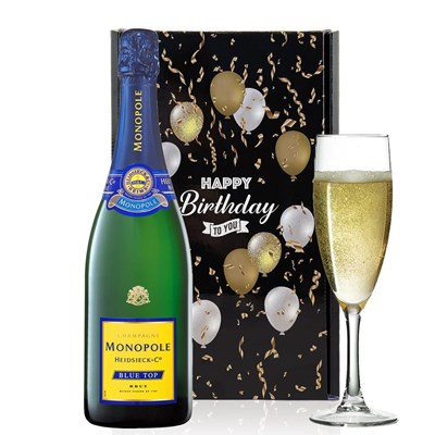 Monopole Blue Top Brut Champagne 75cl And Flute Happy Birthday Gift Box